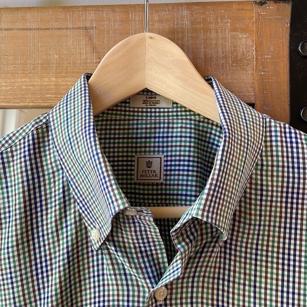 Peter Millar Mini Check Button Down Shirt Size L - image 2